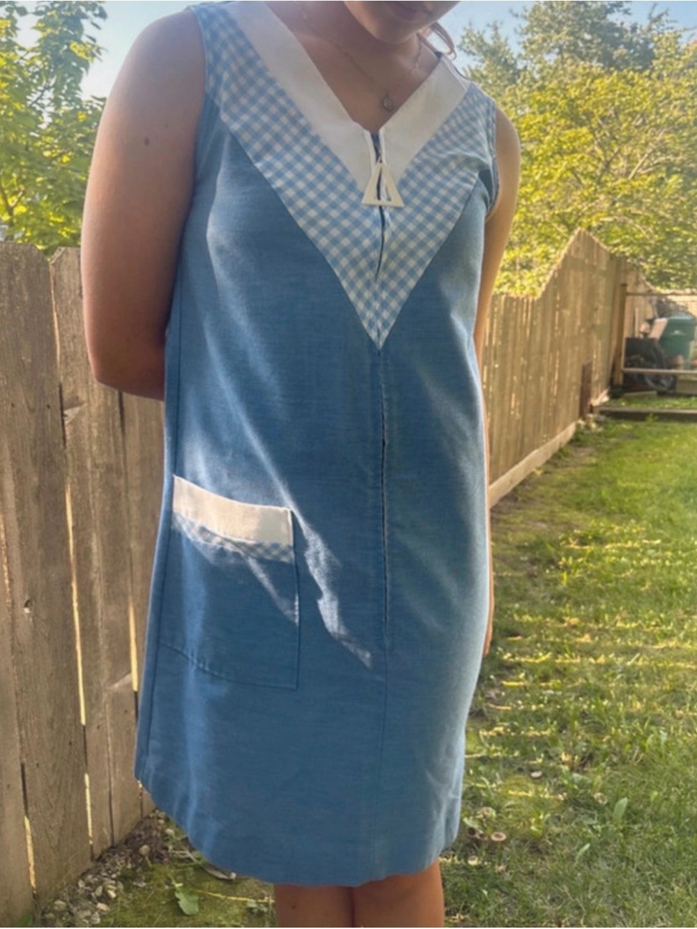 Vintage 60s Sears Blue Gingham Sailor Collar Mod Shift Dress Pocket Cottagecore